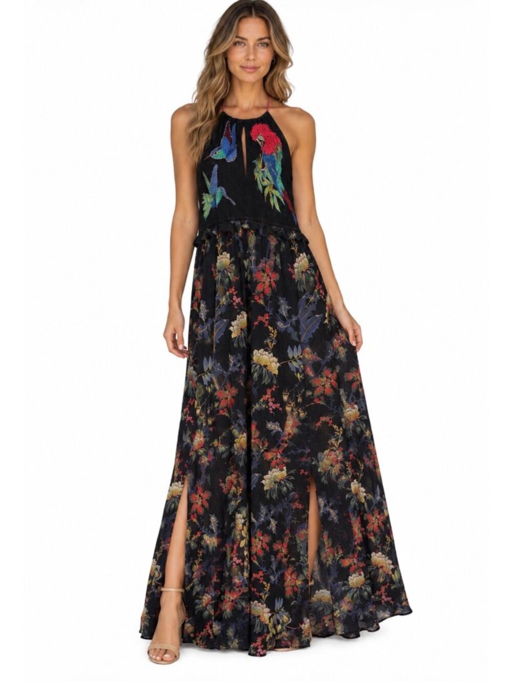 vintage Guess Birds Of Paradise Embroidered Floral Halter Maxi Dress Black S New